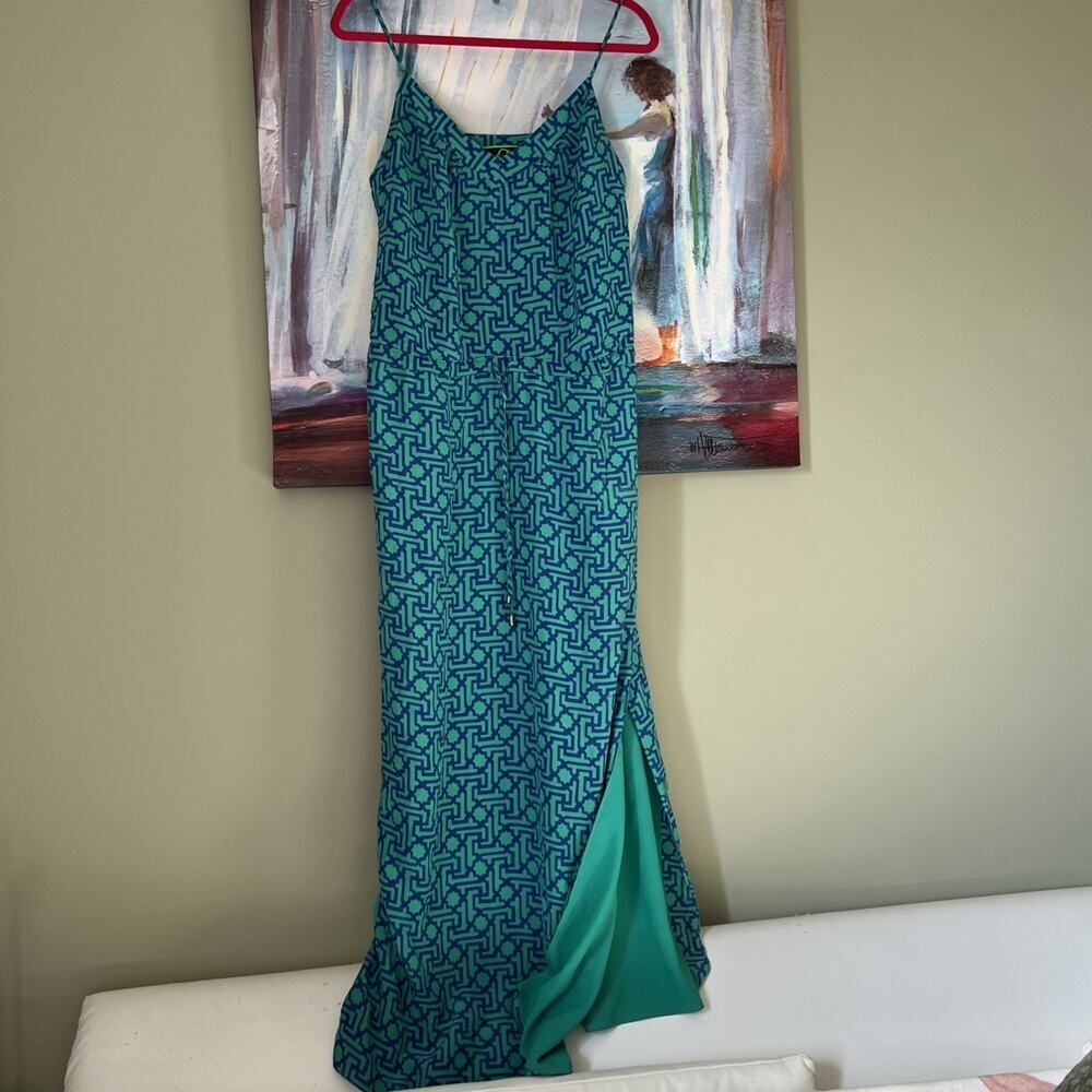 C. Wonder Women's Sz M Geometric Print Maxi Dress Aqua 100% Silk EUC